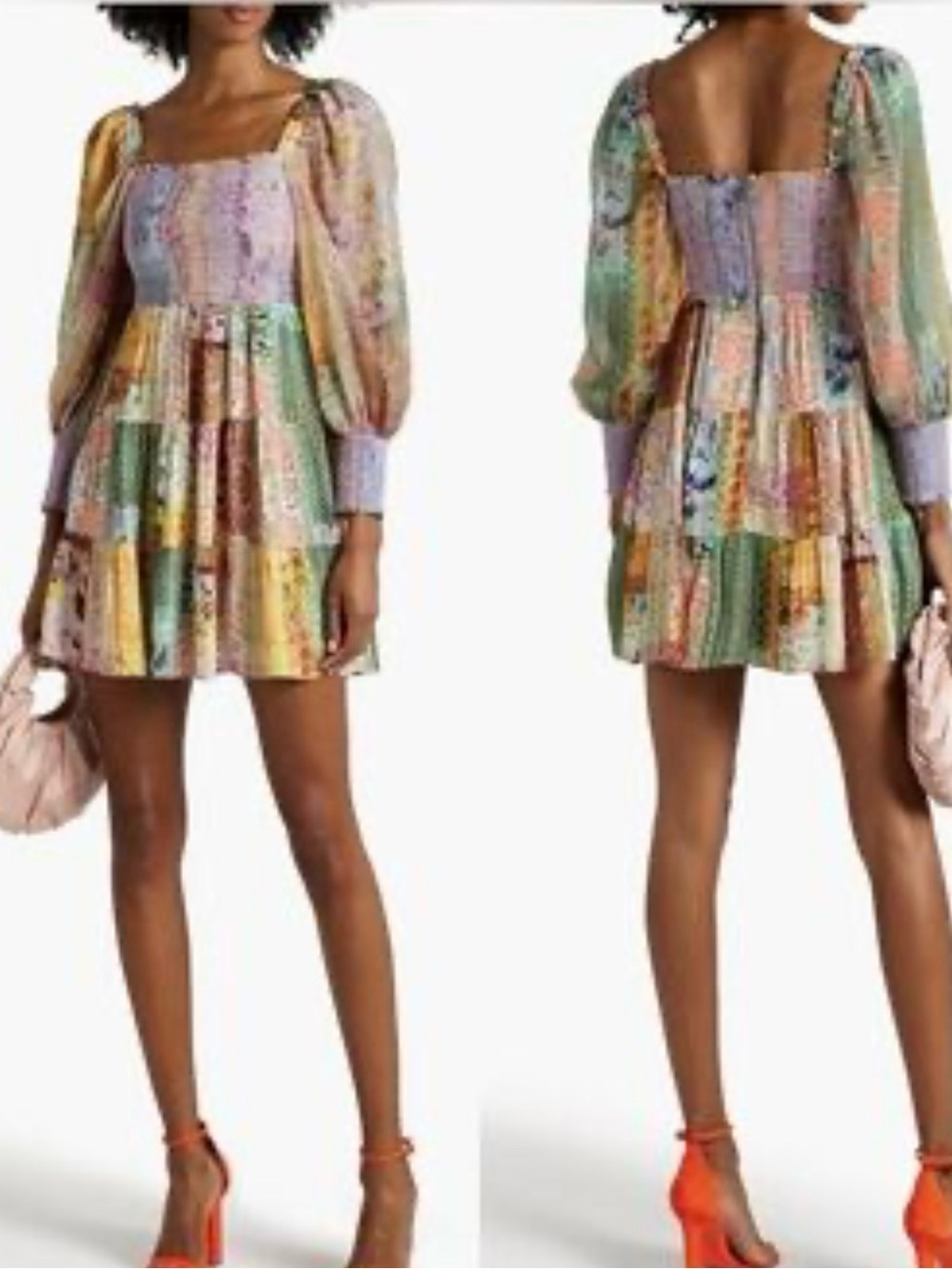 ALICE & OLIVIA LARGE Rowen Patchwork Smocked Tiered Mini Dress Orig $200